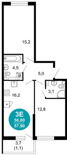 2 к. квартира 57.90 кв. м, 1/17 этаж. ЖК Лестория, Сочи, Россия