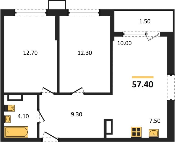 2 к. квартира 57.40 кв. м, 10/18 этаж. ЖК Порто-Ново, Цемдолина, Россия