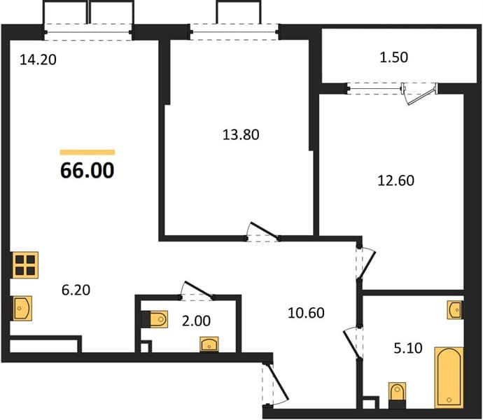 2 к. квартира 66.00 кв. м, 2/18 этаж. ЖК Порто-Ново, Цемдолина, Россия