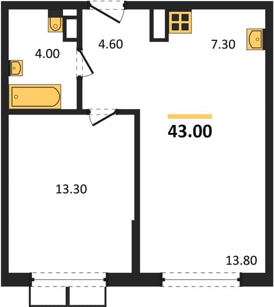1 к. квартира 43.00 кв. м, 5/18 этаж. ЖК Порто-Ново, Цемдолина, Россия