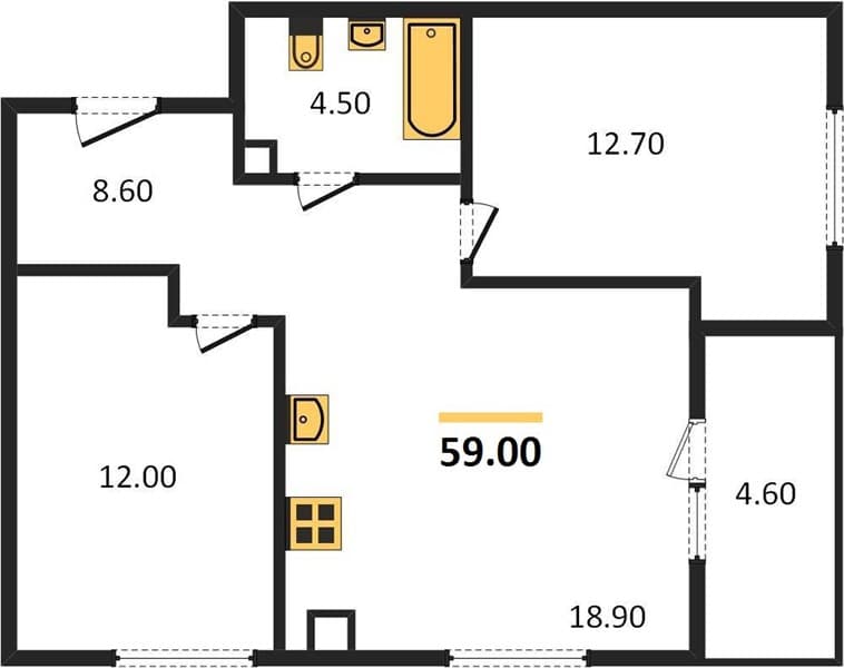 2 к. квартира 59.00 кв. м, 1/24 этаж. ЖК Мята, Цемдолина, Россия