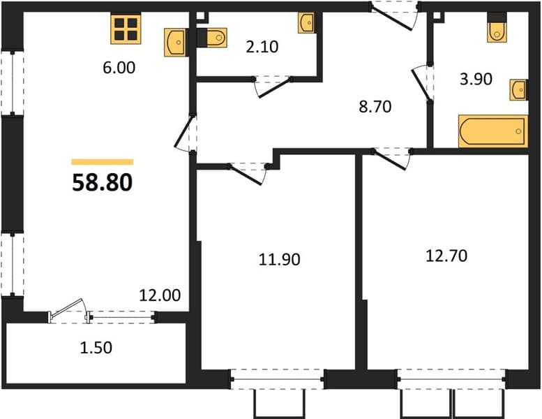 2 к. квартира 58.80 кв. м, 4/18 этаж. ЖК Порто-Ново, Цемдолина, Россия
