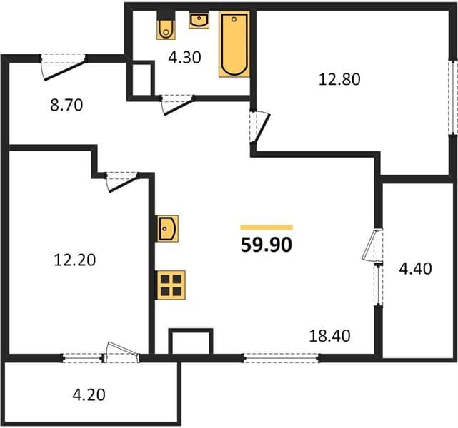 2 к. квартира 59.90 кв. м, 21/24 этаж. ЖК Мята, Цемдолина, Россия
