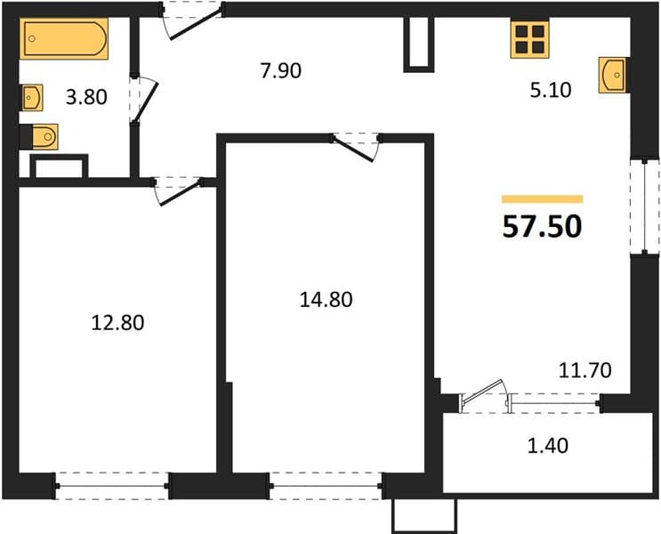 2 к. квартира 57.50 кв. м, 12/18 этаж. ЖК Порто-Ново, Цемдолина, Россия