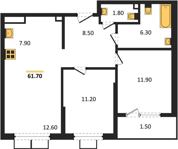 2 к. квартира 61.70 кв. м, 4/18 этаж. ЖК Порто-Ново, Цемдолина, Россия