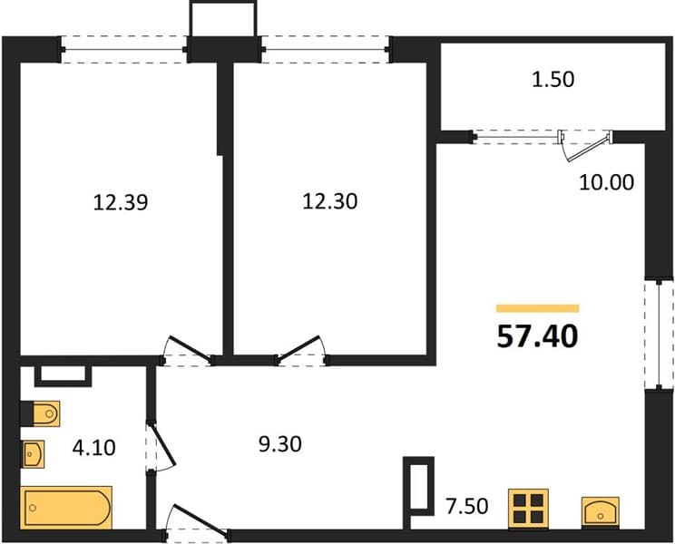 2 к. квартира 57.40 кв. м, 13/18 этаж. ЖК Порто-Ново, Цемдолина, Россия