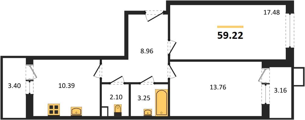 2 к. квартира 59.22 кв. м, 1/8 этаж. ЖК Сады у моря, Темрюк, Россия