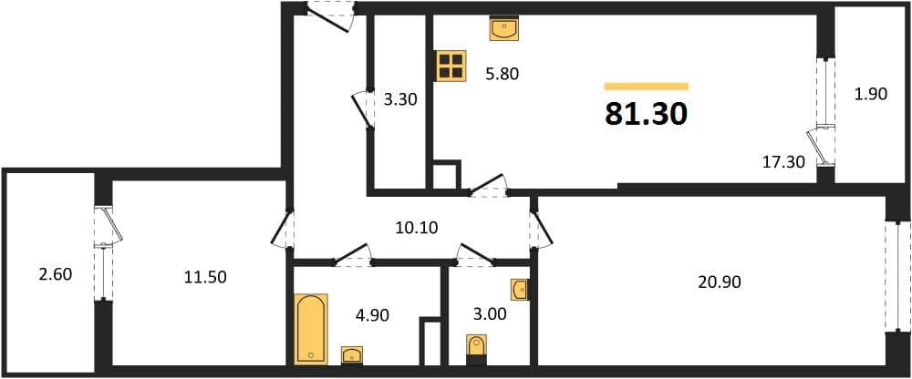 2 к. квартира 81.30 кв. м, 2/8 этаж. ЖК Хозяин Морей, Супсех, Россия
