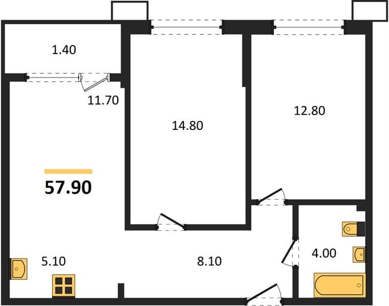 2 к. квартира 57.90 кв. м, 2/18 этаж. ЖК Порто-Ново, Цемдолина, Россия