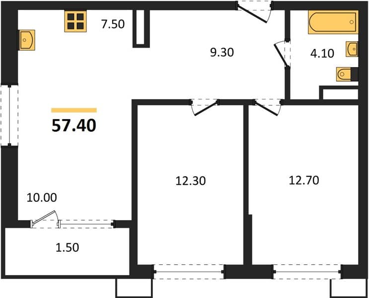 2 к. квартира 57.40 кв. м, 15/18 этаж. ЖК Порто-Ново, Цемдолина, Россия