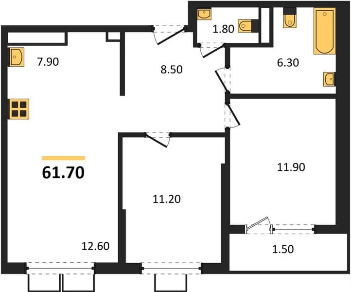 2 к. квартира 61.70 кв. м, 3/9 этаж. ЖК Порто-Ново, Цемдолина, Россия