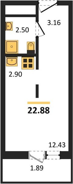 1 к. квартира 22.88 кв. м, 18/19 этаж. ЖК Кислород, Сочи, Россия