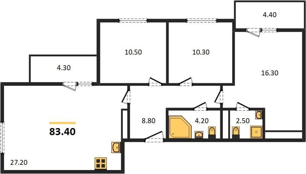 3 к. квартира 83.40 кв. м, 19/23 этаж. ЖК Облака-2, Новороссийск, Россия
