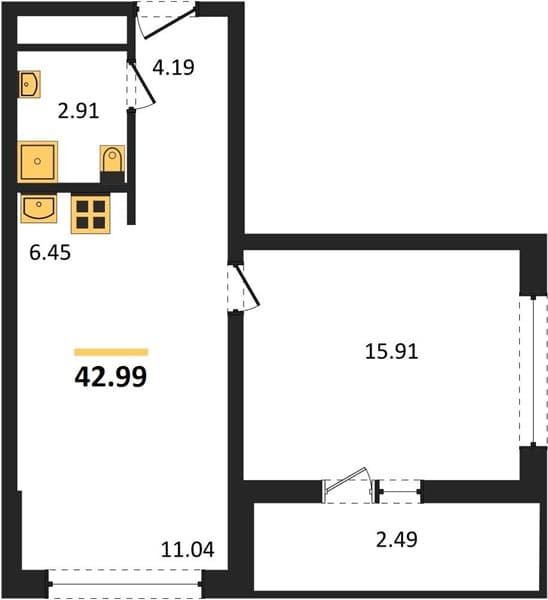 1 к. квартира 42.99 кв. м, 4/19 этаж. ЖК Кислород, Сочи, Россия
