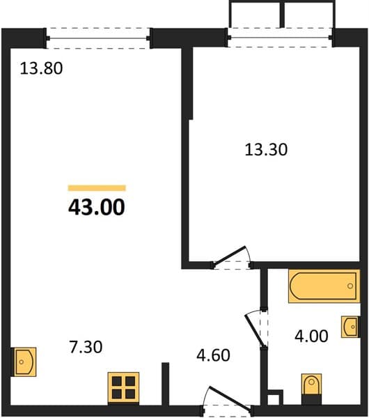 1 к. квартира 43.00 кв. м, 6/18 этаж. ЖК Порто-Ново, Цемдолина, Россия