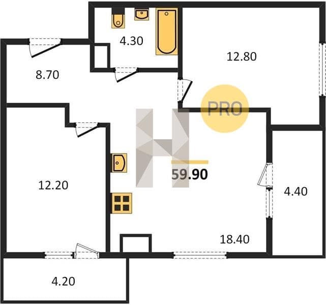 2 к. квартира 59.90 кв. м, 19/24 этаж. ЖК Мята, Цемдолина, Россия
