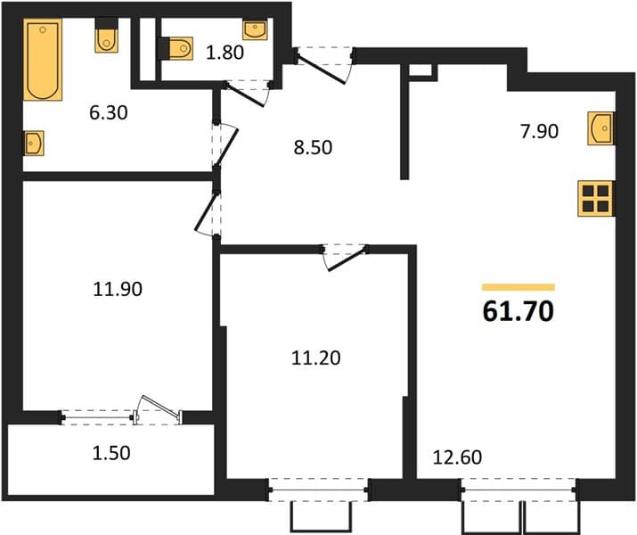 2 к. квартира 61.70 кв. м, 7/18 этаж. ЖК Порто-Ново, Цемдолина, Россия