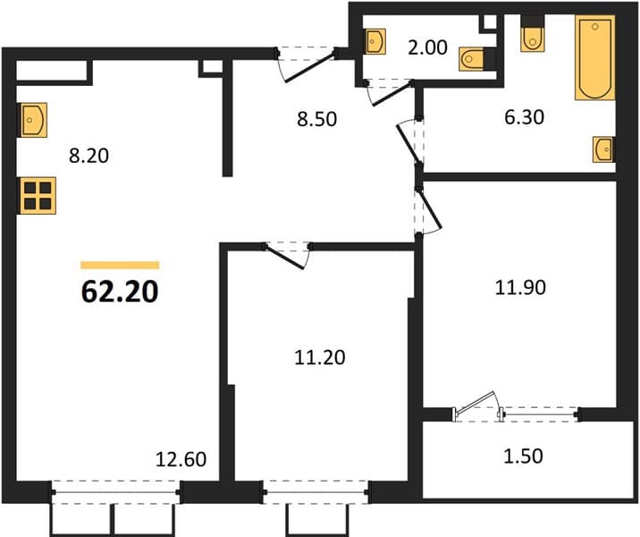 2 к. квартира 62.20 кв. м, 2/18 этаж. ЖК Порто-Ново, Цемдолина, Россия