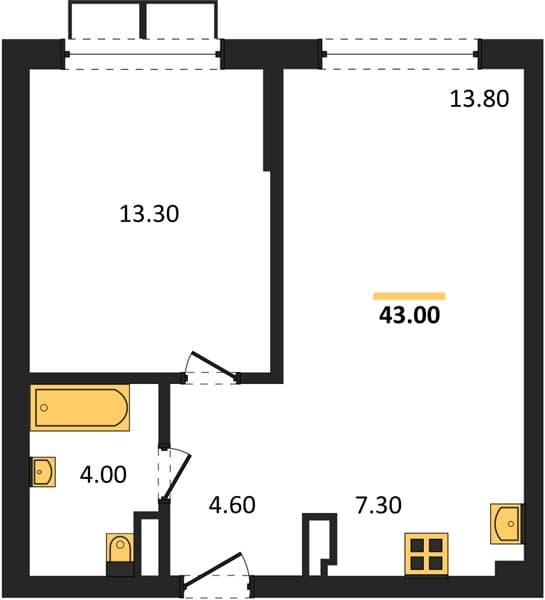 1 к. квартира 43.00 кв. м, 7/18 этаж. ЖК Порто-Ново, Цемдолина, Россия