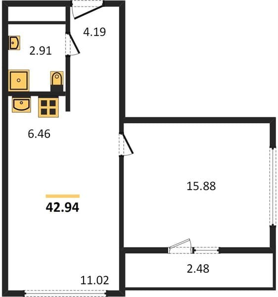 1 к. квартира 42.94 кв. м, 13/19 этаж. ЖК Кислород, Сочи, Россия