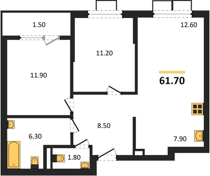 2 к. квартира 61.70 кв. м, 3/18 этаж. ЖК Порто-Ново, Цемдолина, Россия