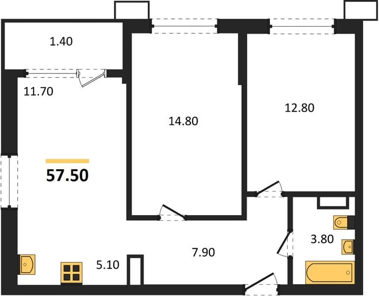 2 к. квартира 57.50 кв. м, 12/18 этаж. ЖК Порто-Ново, Цемдолина, Россия