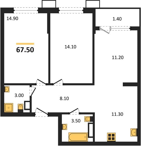 2 к. квартира 67.50 кв. м, 5/18 этаж. ЖК Порто-Ново, Цемдолина, Россия