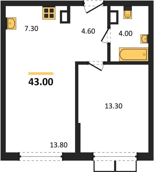 1 к. квартира 43.00 кв. м, 3/18 этаж. ЖК Порто-Ново, Цемдолина, Россия