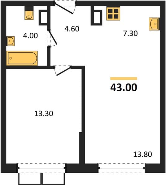 1 к. квартира 43.00 кв. м, 4/18 этаж. ЖК Порто-Ново, Цемдолина, Россия