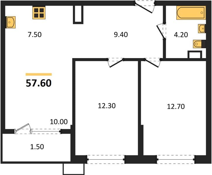 2 к. квартира 57.60 кв. м, 3/18 этаж. ЖК Порто-Ново, Цемдолина, Россия