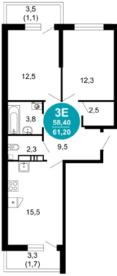 2 к. квартира 61.20 кв. м, 2/17 этаж. ЖК Лестория, Сочи, Россия