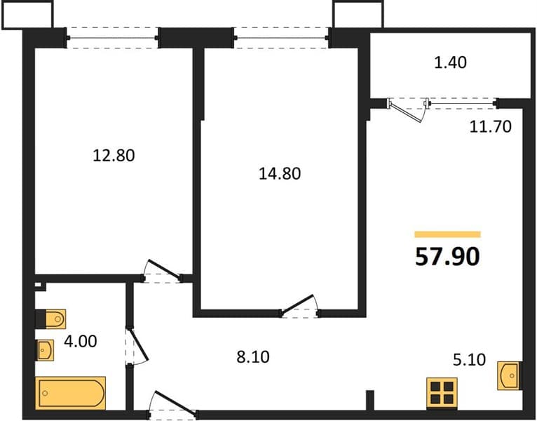 2 к. квартира 57.90 кв. м, 2/18 этаж. ЖК Порто-Ново, Цемдолина, Россия