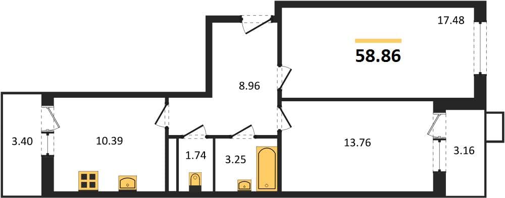 2 к. квартира 58.86 кв. м, 2/8 этаж. ЖК Сады у моря, Темрюк, Россия