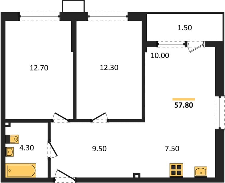 2 к. квартира 57.80 кв. м, 2/18 этаж. ЖК Порто-Ново, Цемдолина, Россия