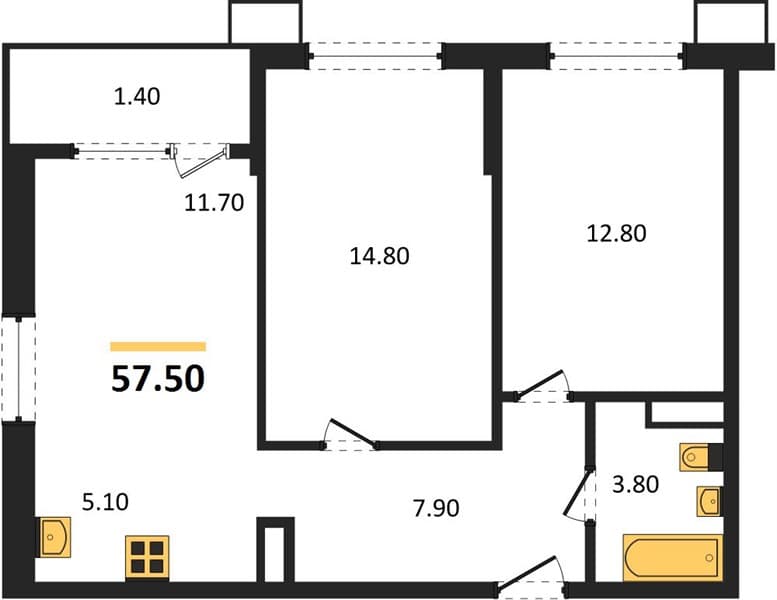 2 к. квартира 57.50 кв. м, 15/18 этаж. ЖК Порто-Ново, Цемдолина, Россия