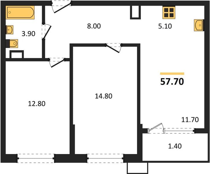 2 к. квартира 57.70 кв. м, 4/18 этаж. ЖК Порто-Ново, Цемдолина, Россия
