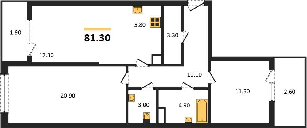 2 к. квартира 81.30 кв. м, 2/8 этаж. ЖК Хозяин Морей, Супсех, Россия
