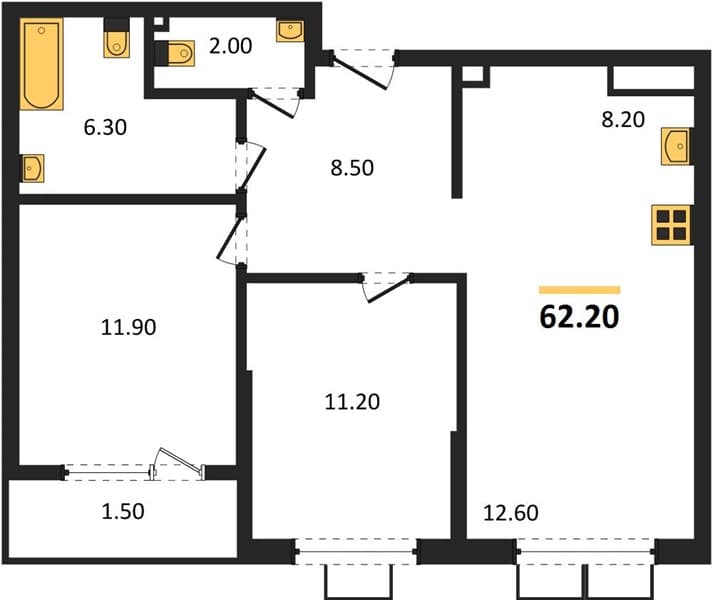 2 к. квартира 62.20 кв. м, 2/18 этаж. ЖК Порто-Ново, Цемдолина, Россия