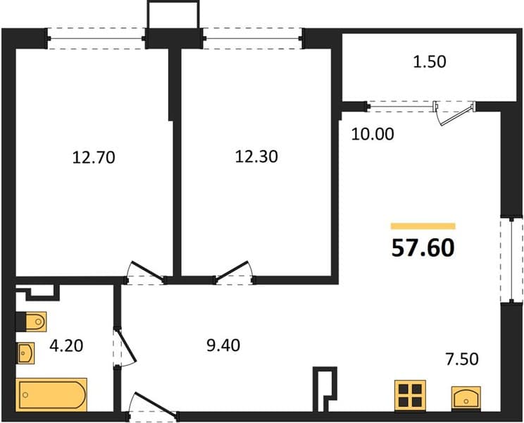 2 к. квартира 57.60 кв. м, 3/18 этаж. ЖК Порто-Ново, Цемдолина, Россия