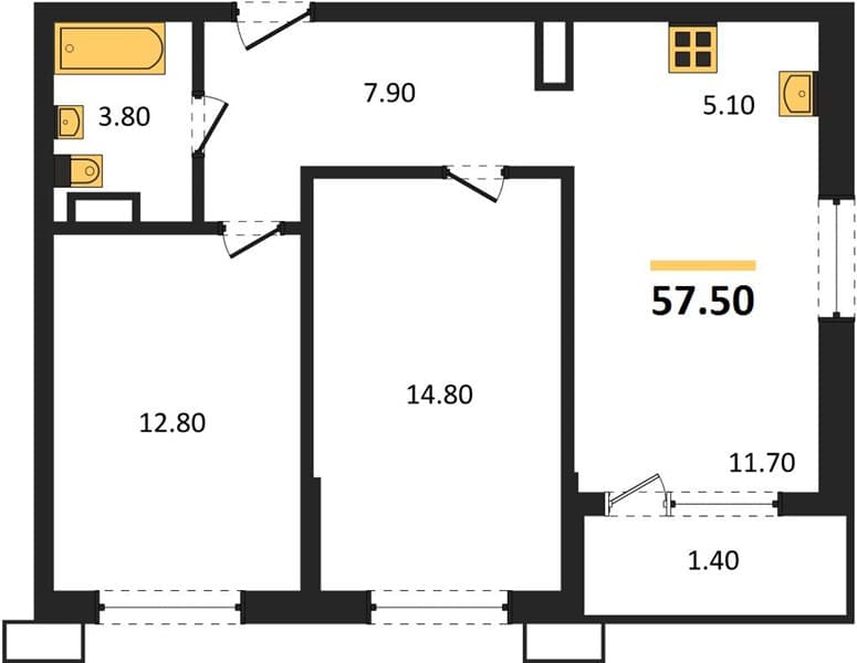 2 к. квартира 57.50 кв. м, 13/18 этаж. ЖК Порто-Ново, Цемдолина, Россия