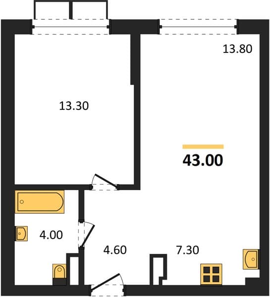 1 к. квартира 43.00 кв. м, 9/18 этаж. ЖК Порто-Ново, Цемдолина, Россия