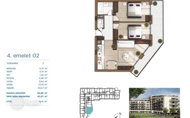 3-комнатная квартира 62 м² в Районе XIII, Венгрия
