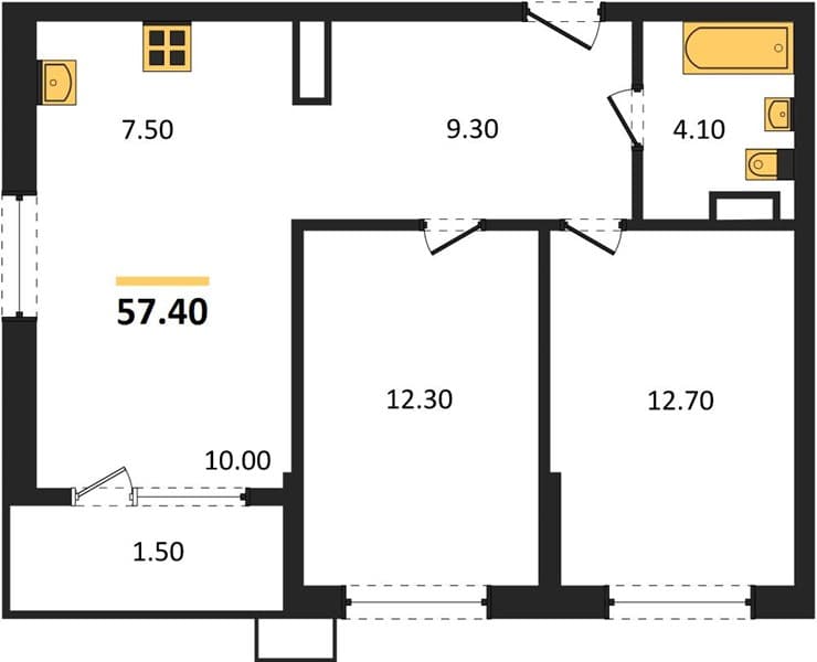 2 к. квартира 57.40 кв. м, 11/18 этаж. ЖК Порто-Ново, Цемдолина, Россия