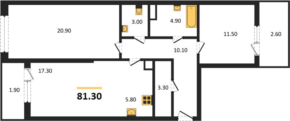 2 к. квартира 81.30 кв. м, 6/8 этаж. ЖК Хозяин Морей, Супсех, Россия